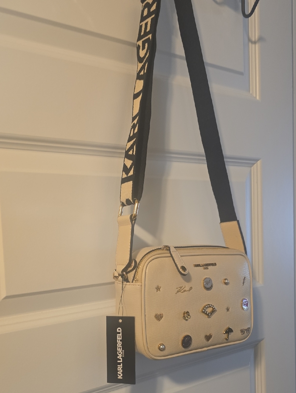 Karl Lagerfeld Cream Crossbody Bag with Strap Logo and Embellishments NWT